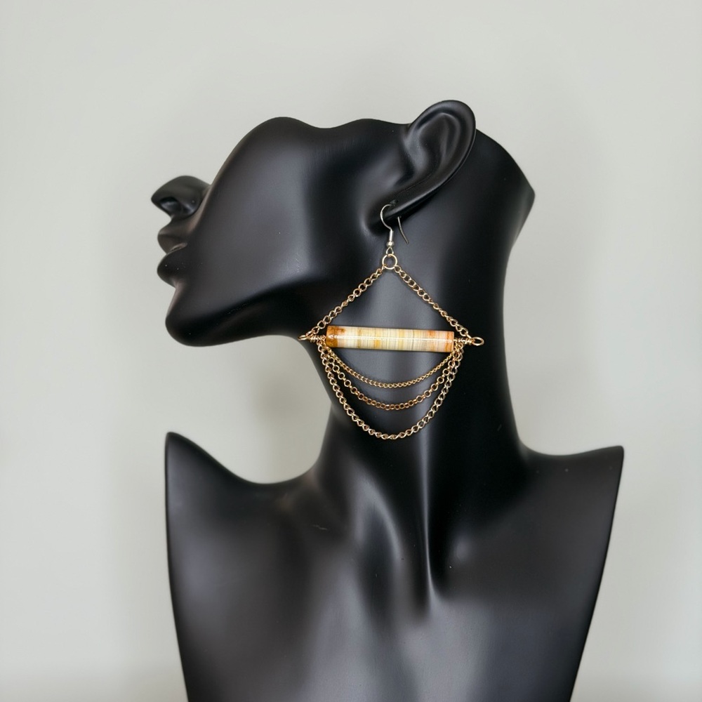 Gold Tone Chain & Natural Stone Bar Drop Earrings - Women Jewelry